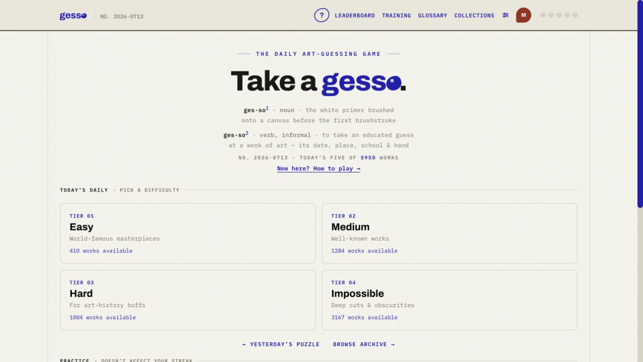 Gesso daily art-guessing game interface